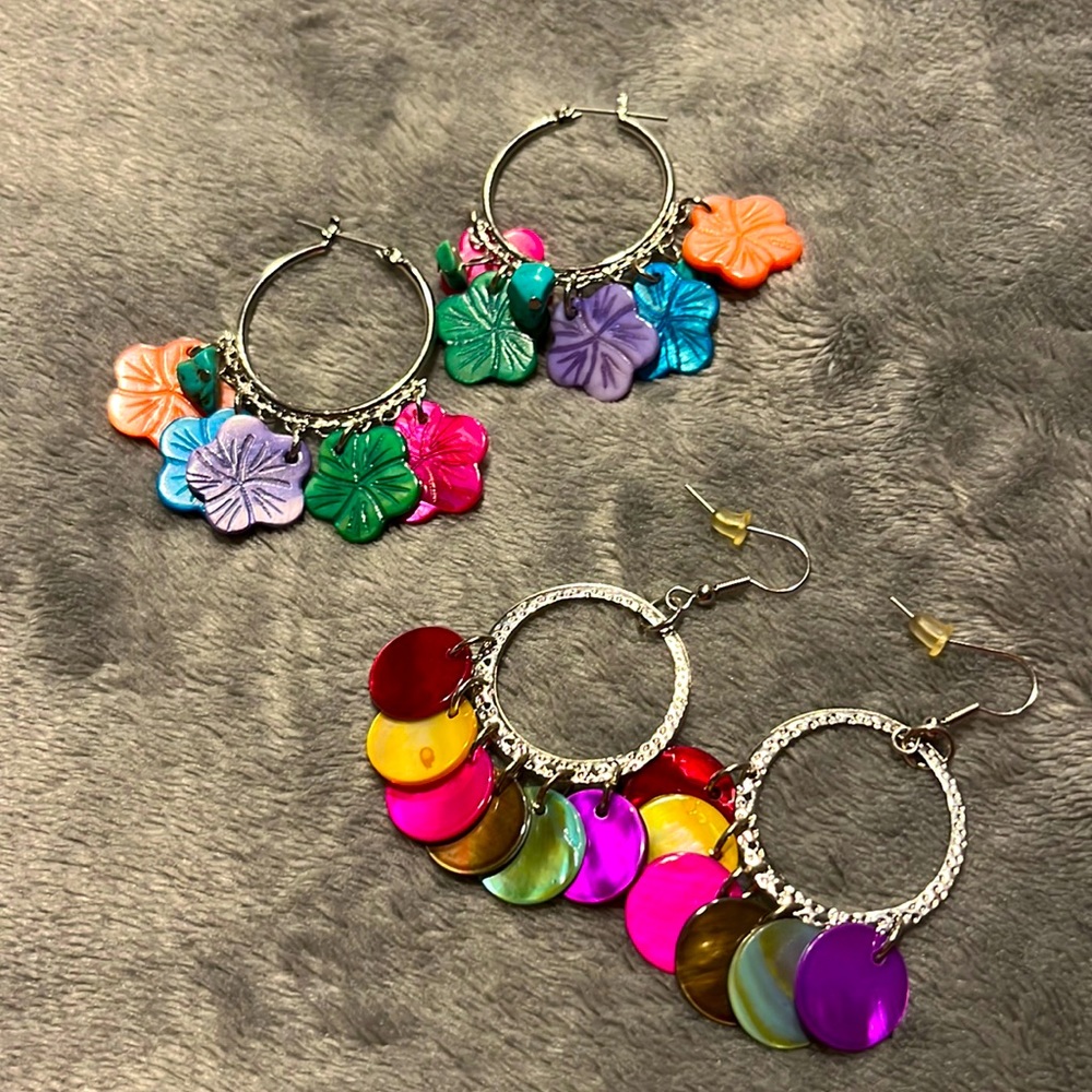 Two sets of colorful bangle earrings